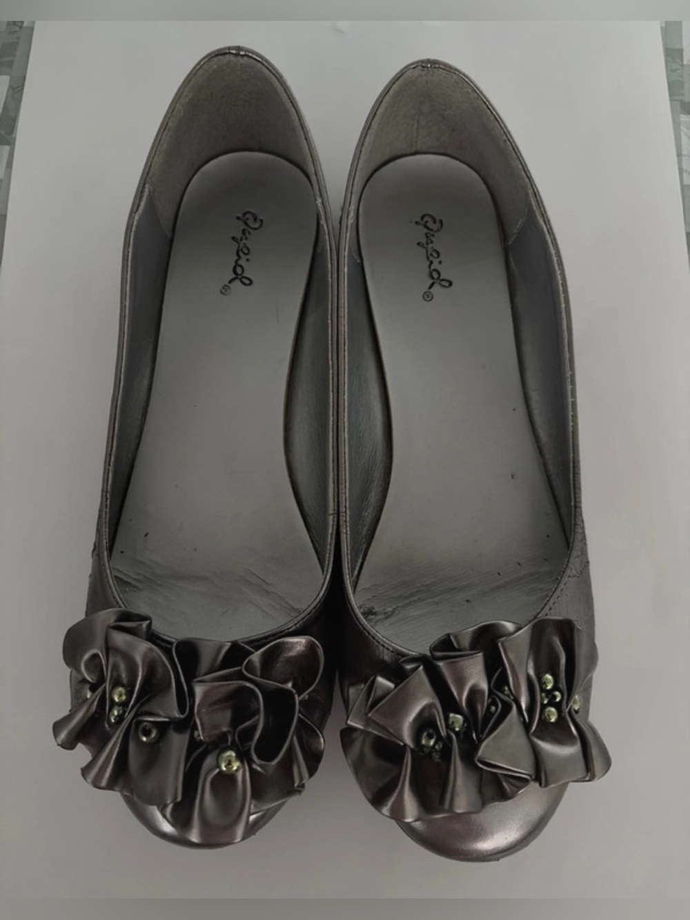 Qupid Women's Silver Ballet Flats with Ruffle and Gem Detail